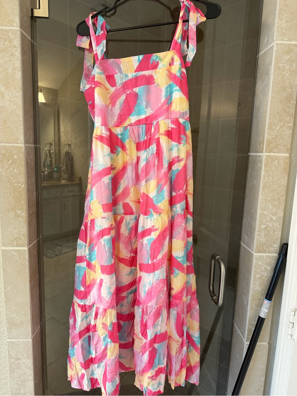 Blu Pepper Pink Multi-Color Tie-Shoulder Maxi Dress